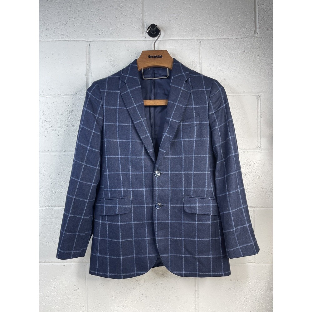 Hackett London Silk Wool Windowpane Check Sport Coat Navy Blue Mens Blazer 36R